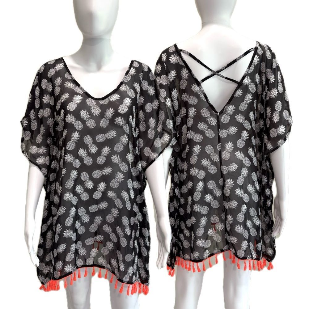 No Boundaries Sheer Pineapple Print Swim Coverup Size Small Tassel Hem Caftan